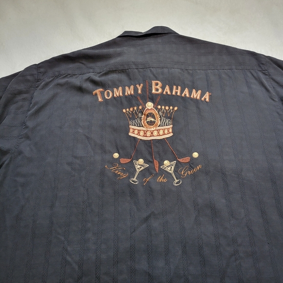 Tommy Bahama Shirt Mens 2XL Golf Embroidered 100% Silk Black King Of The Green - Picture 2 of 9